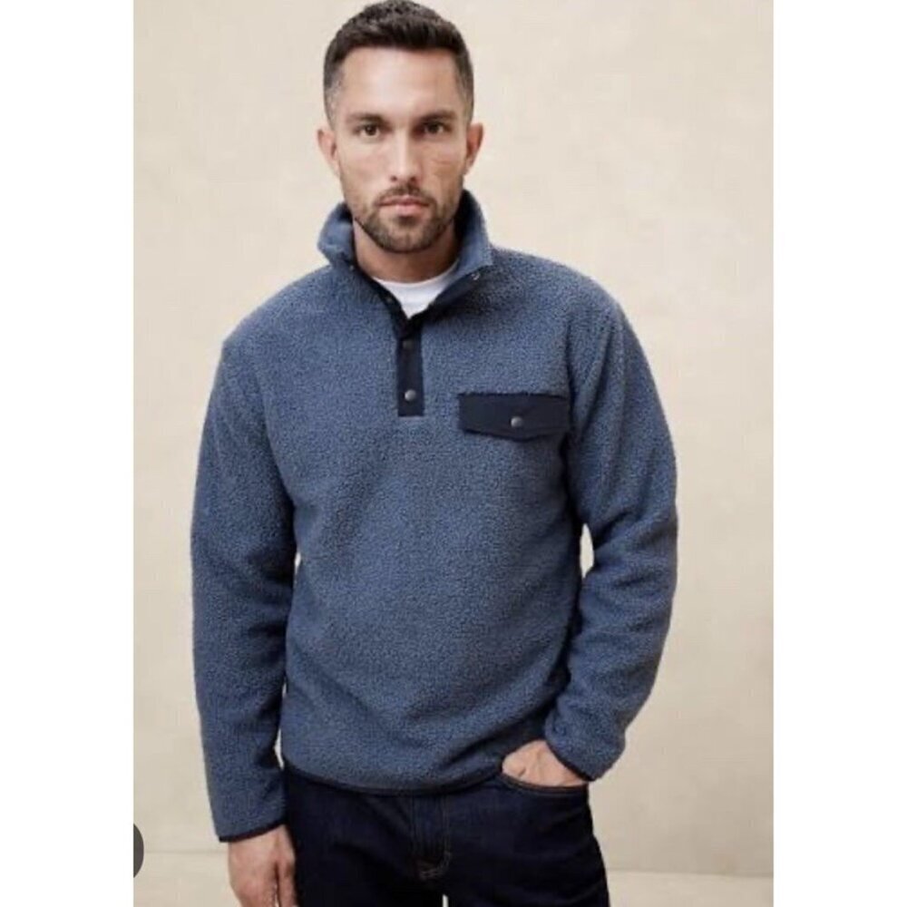 Banana Republic Factory Men's Sz M Sherpa Quarter Snap Pullover Jacket Blue NWT